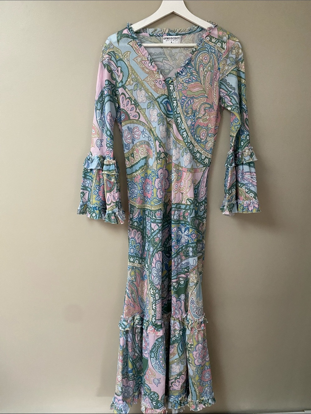 One Season Australia Paisley Ruffle Maxi Dress in Pastel Pink & Green small
